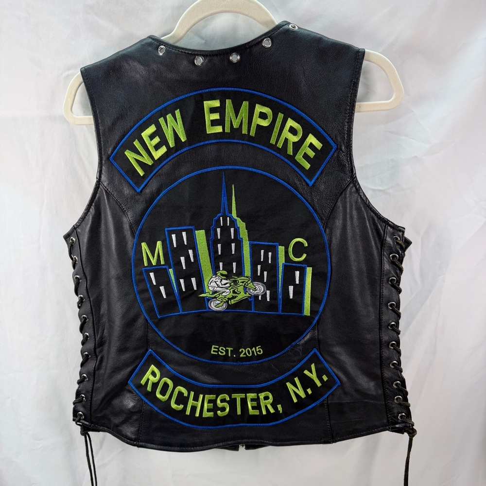 Mens Unik Leather Motorcycle Vest W/ New Empire MC Patches. Zip Up/lace up sides